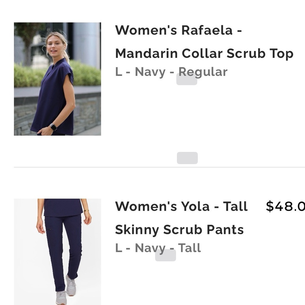 FIGS Women's Navy scrub set.  Yola Tall Skinny Scrub Pants and Rafaela top